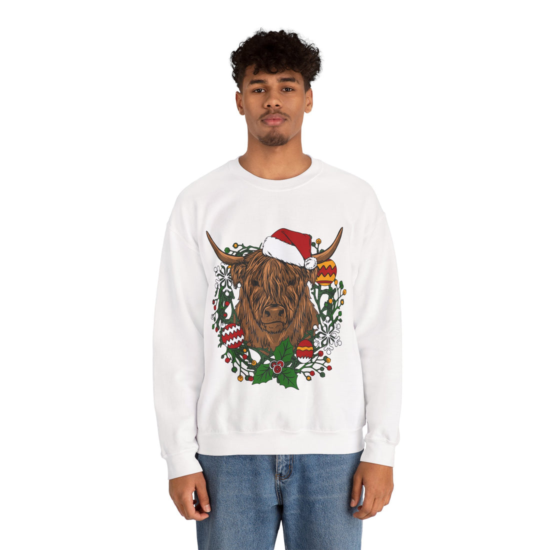 Shaggy Highland cow wearing a Santa hat framed by a holly and ornament Christmas wreath, color option