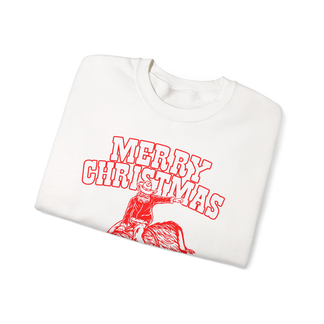 Red vintage-style art of Santa riding a bucking bull with Merry Christmas Y'all! lettering, alternate view