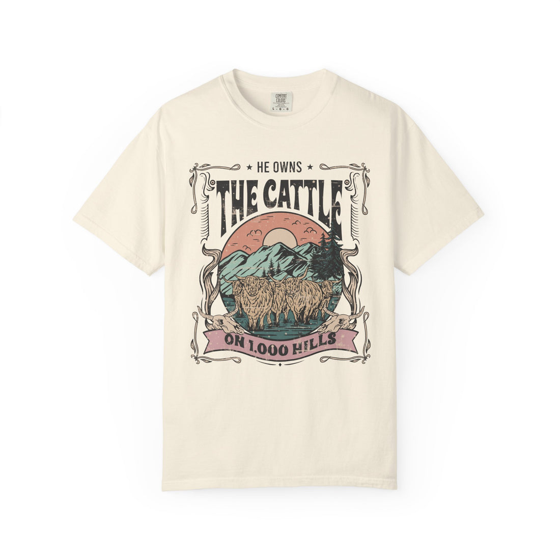 He Owns the Cattle on 1,000 Hills | Christian Highland Cow Comfort Colors T-Shirt