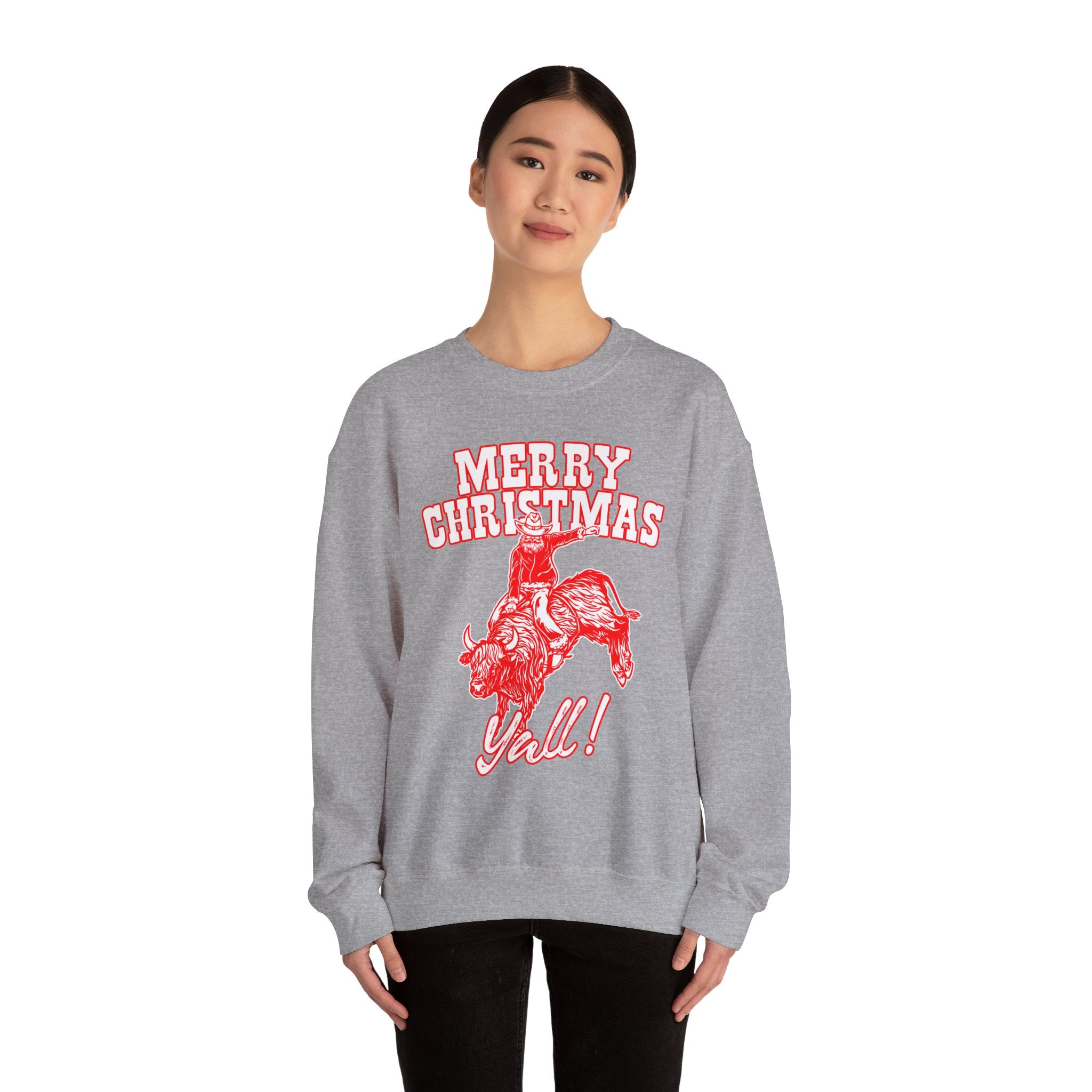 Red vintage-style art of Santa riding a bucking bull with Merry Christmas Y'all! lettering, color option