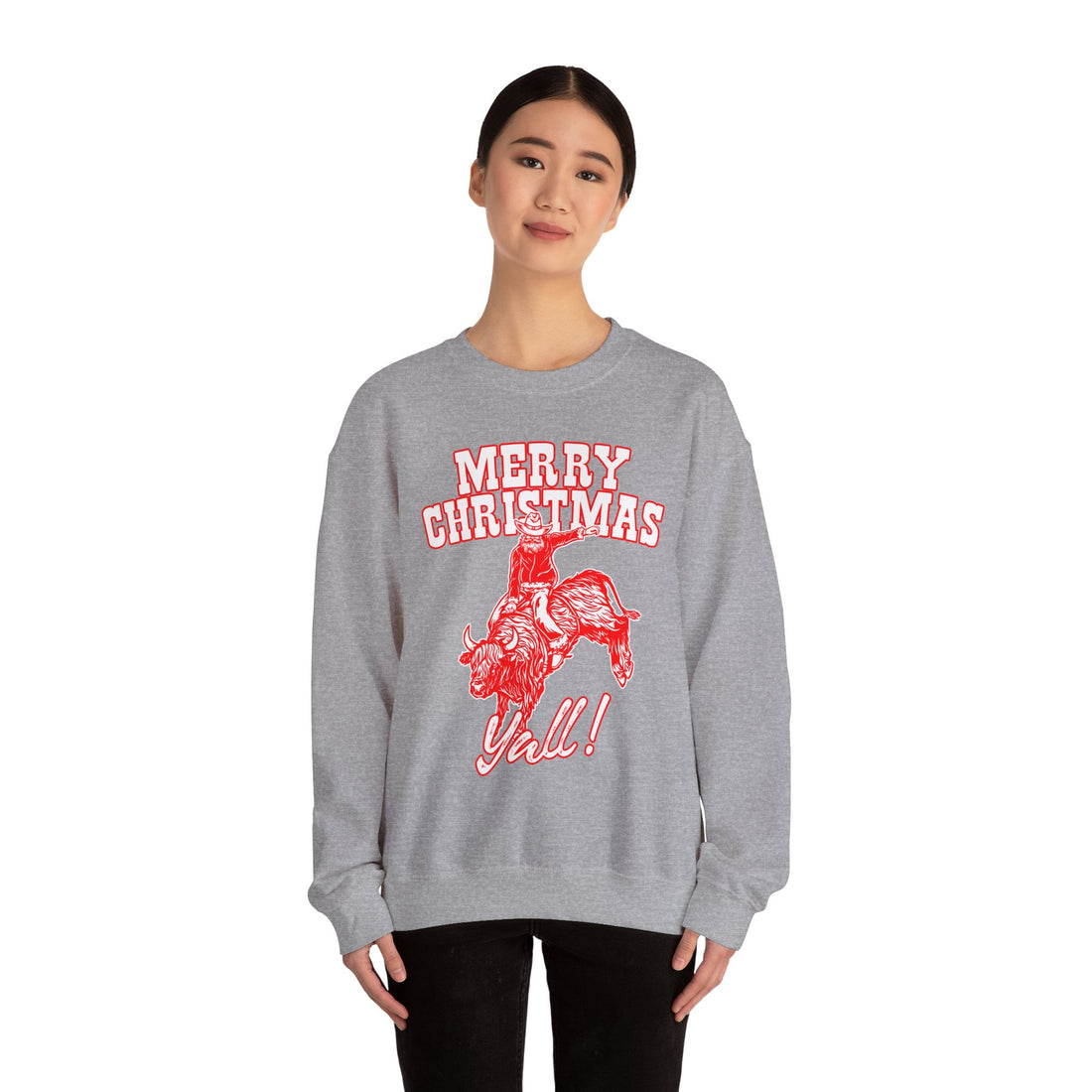 Red vintage-style art of Santa riding a bucking bull with Merry Christmas Y'all! lettering, color option