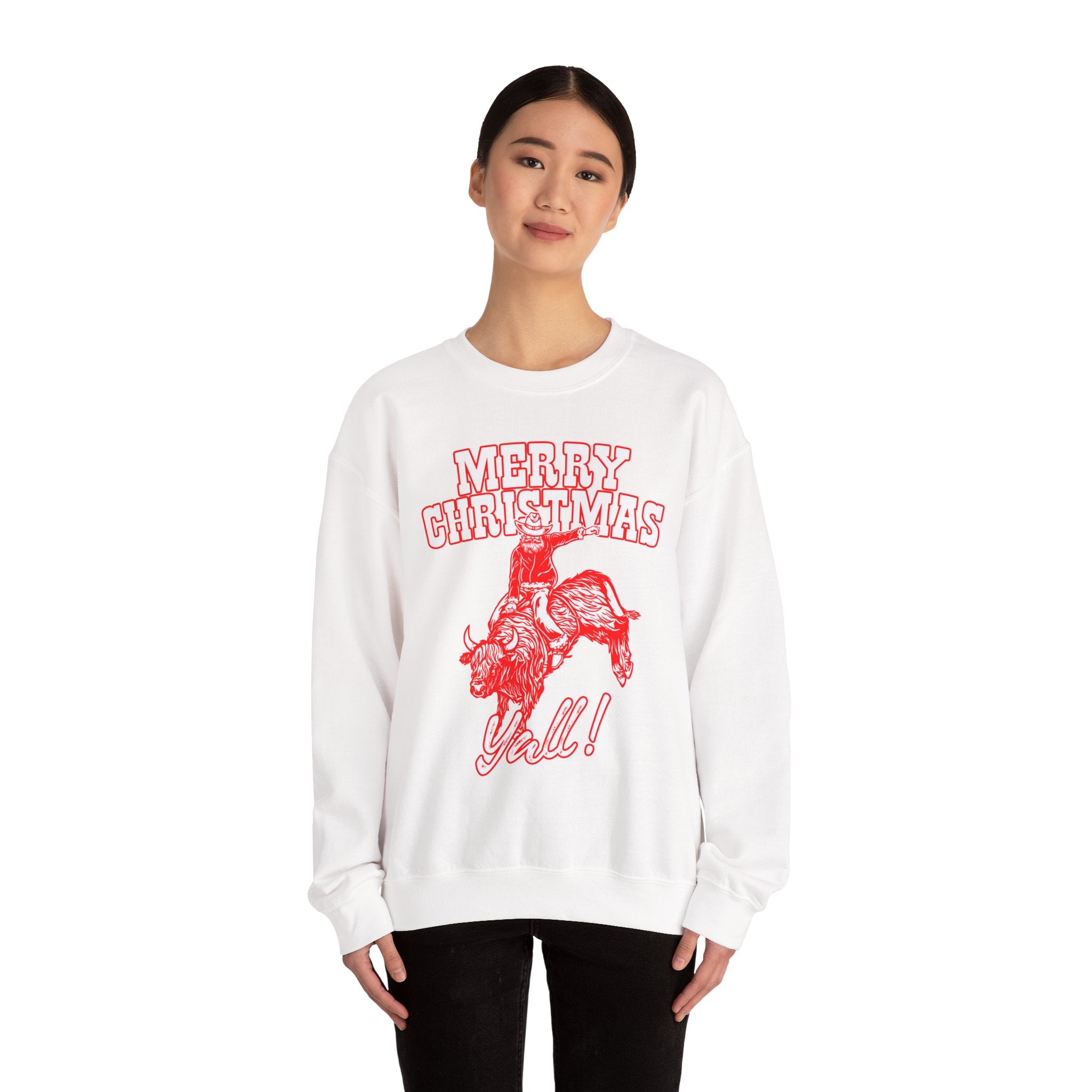 Red vintage-style art of Santa riding a bucking bull with Merry Christmas Y'all! lettering, color option