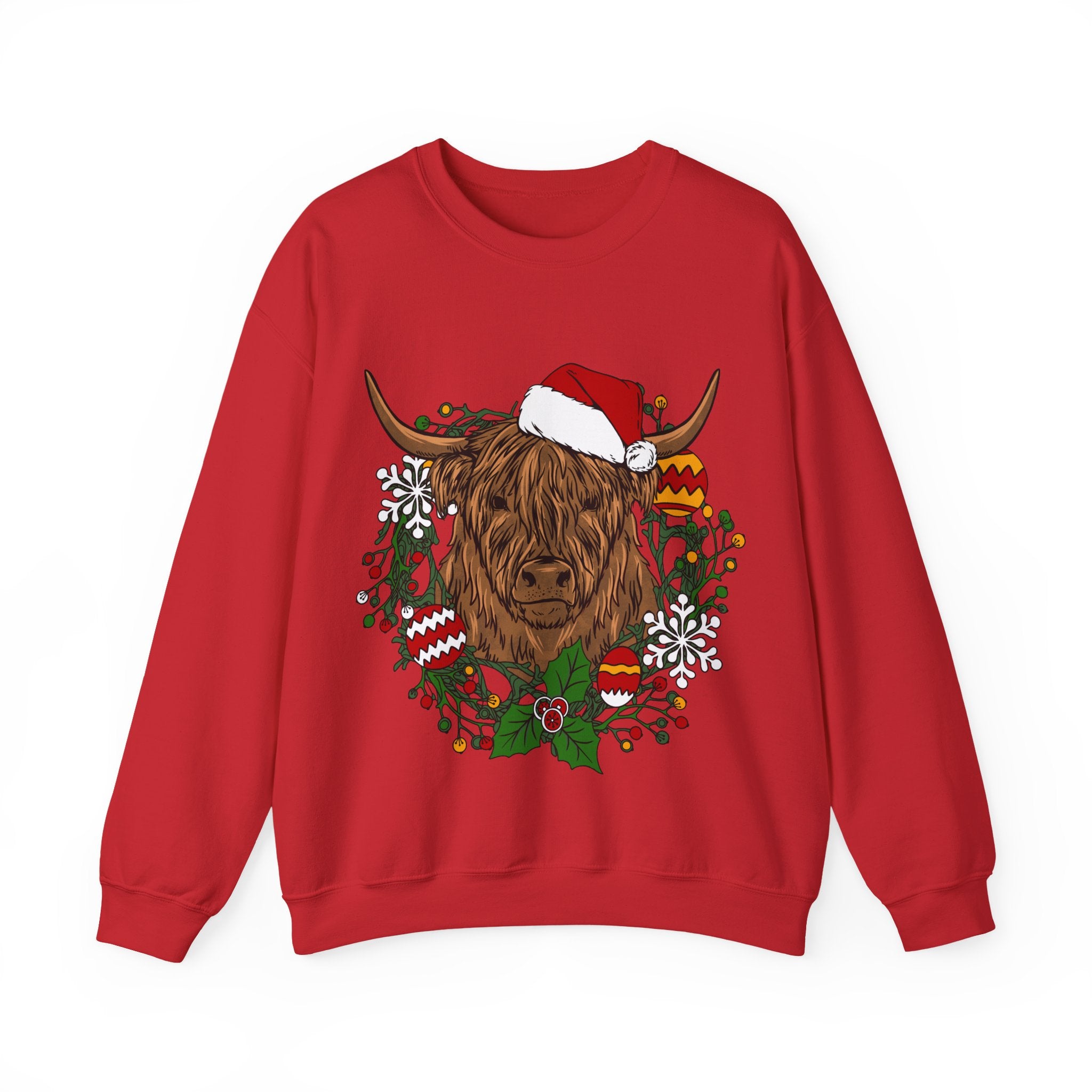 Shaggy Highland cow wearing a Santa hat framed by a holly and ornament Christmas wreath, color option