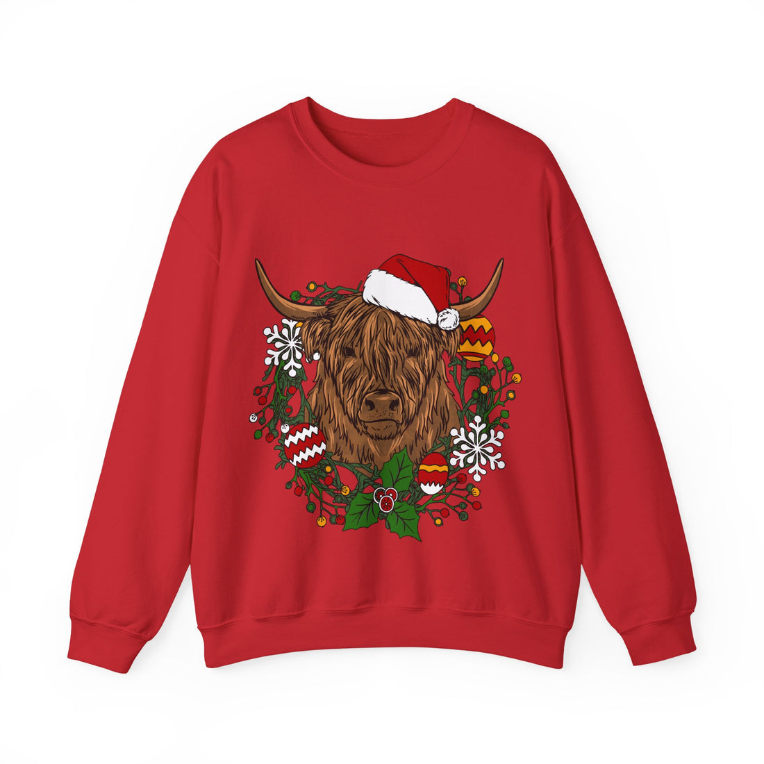 Shaggy Highland cow wearing a Santa hat framed by a holly and ornament Christmas wreath, color option