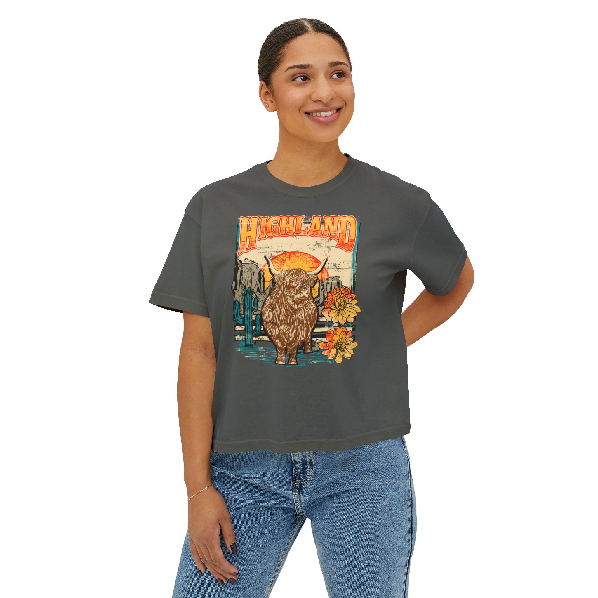 Highland Out West | Women’s Boxy Western Highland Cow T-Shirt
