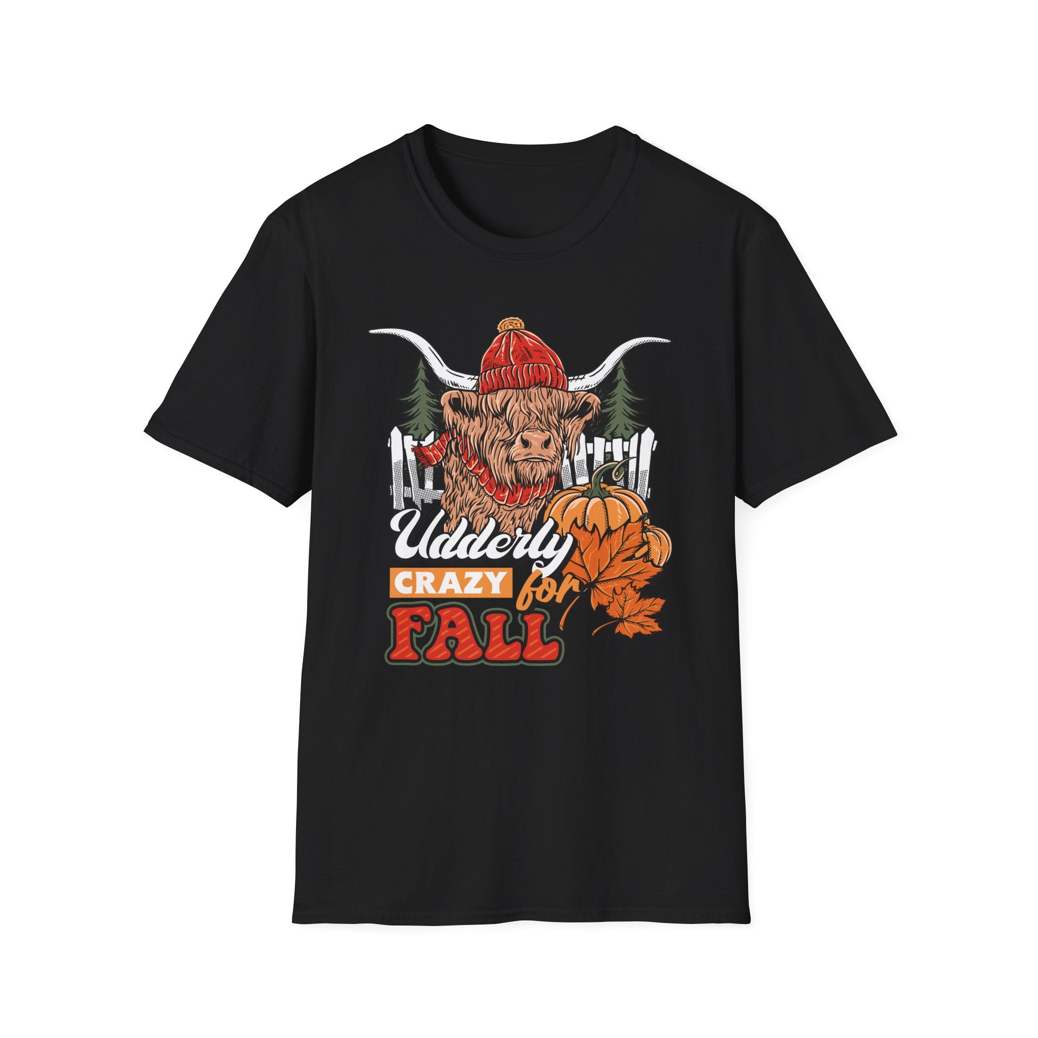 Highland cow wearing a red knit beanie and scarf with pumpkins, pine trees and a fence, Udderly Crazy for Fall lettering, color option