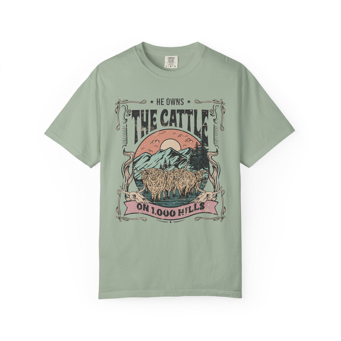 He Owns the Cattle on 1,000 Hills | Christian Highland Cow Comfort Colors T-Shirt