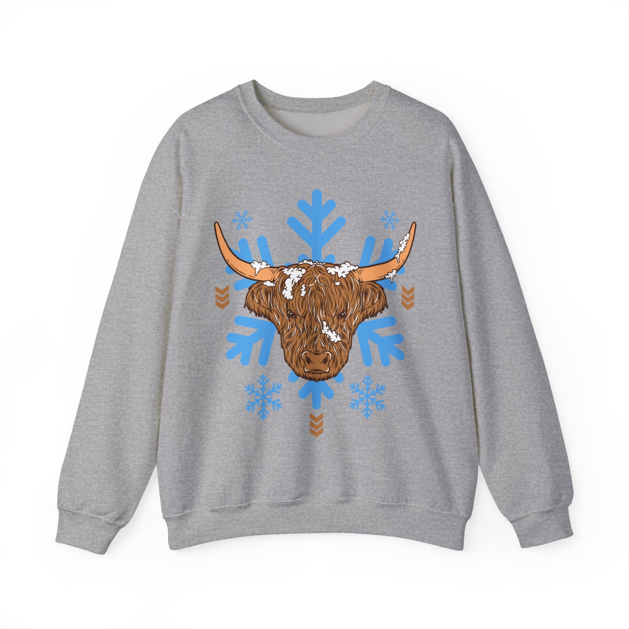 Shaggy brown Highland cow head centered over large light-blue snowflakes, alternate view