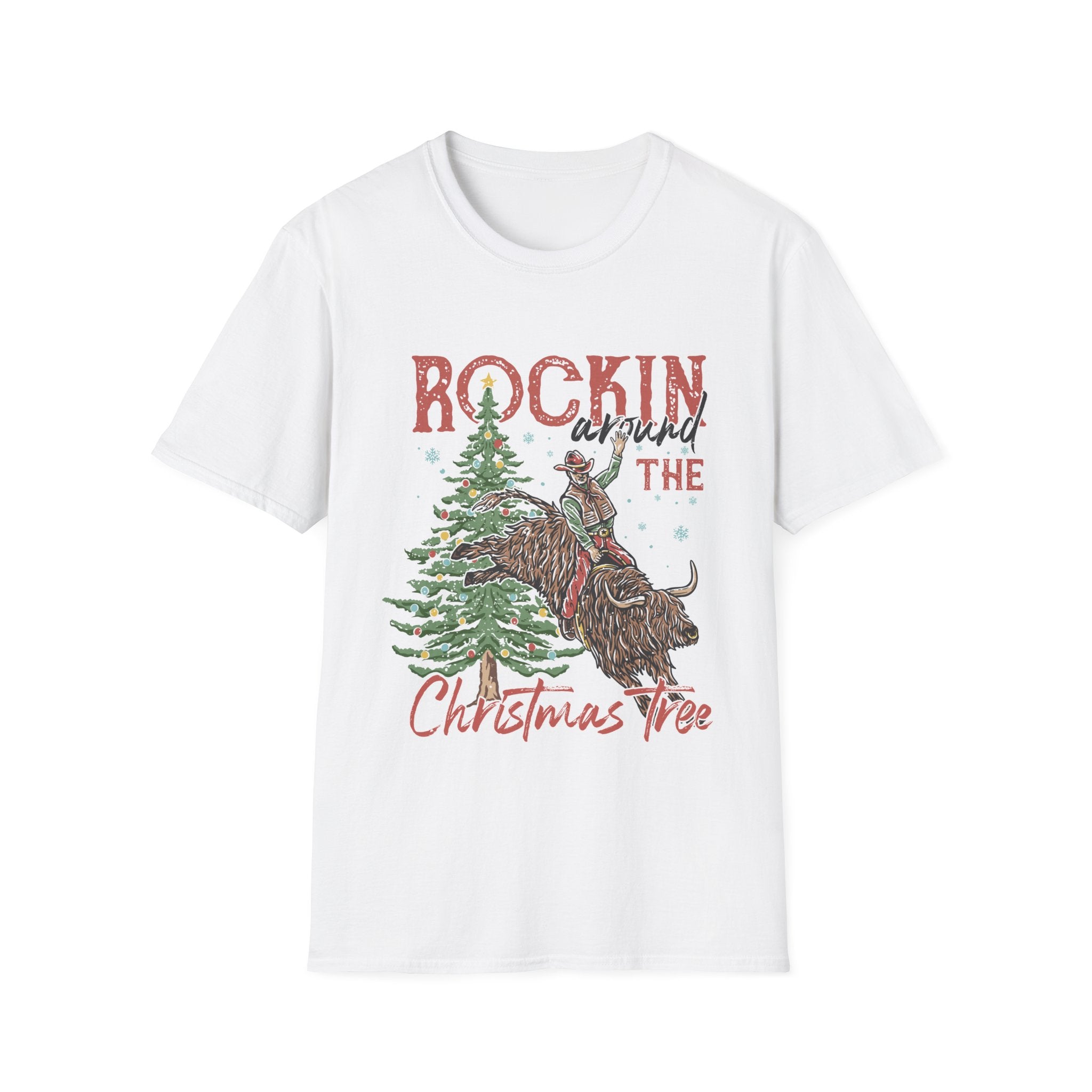 Cowboy riding a bucking bull next to a decorated Christmas tree with vintage red Rockin' Around the Christmas Tree lettering