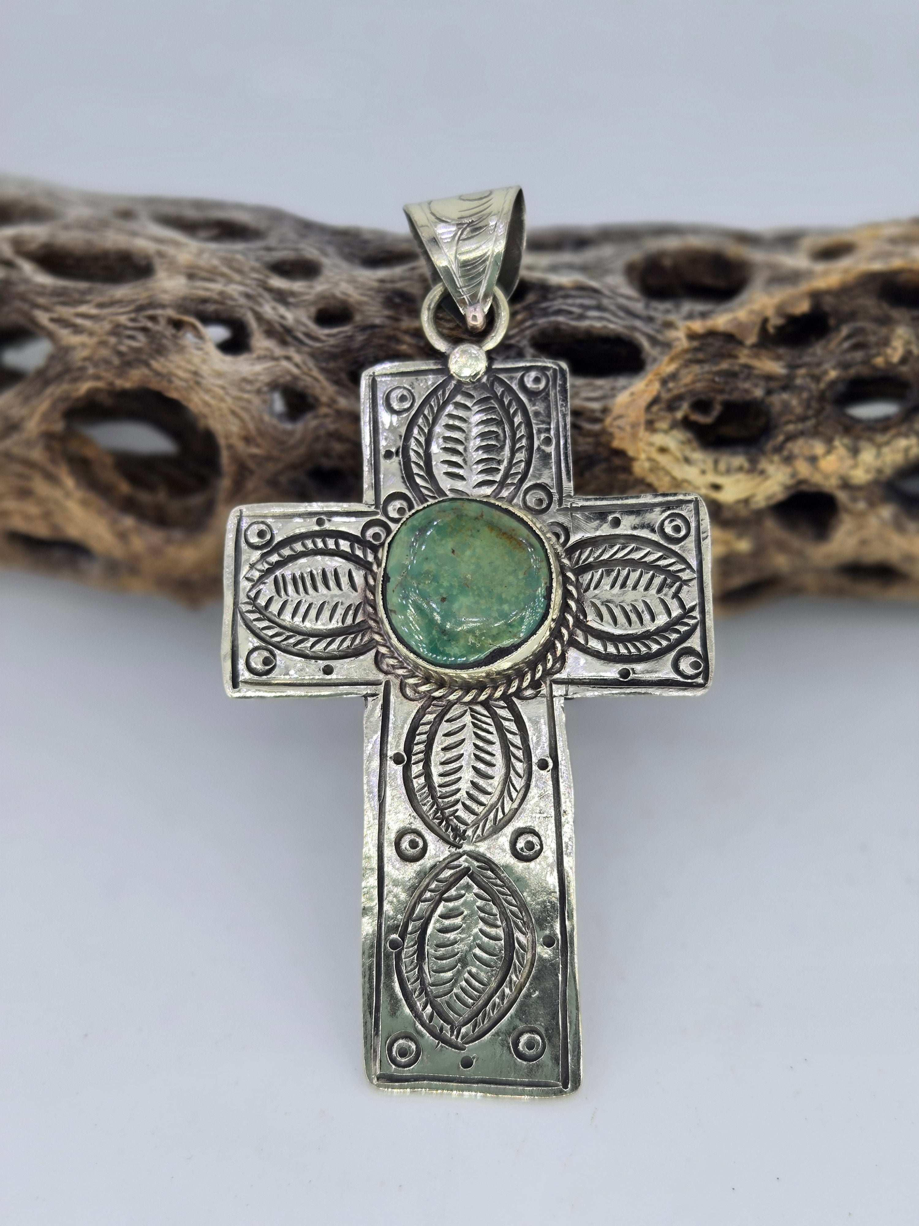 Stamped Cross Pendant with Turquoise, Western turquoise jewelry