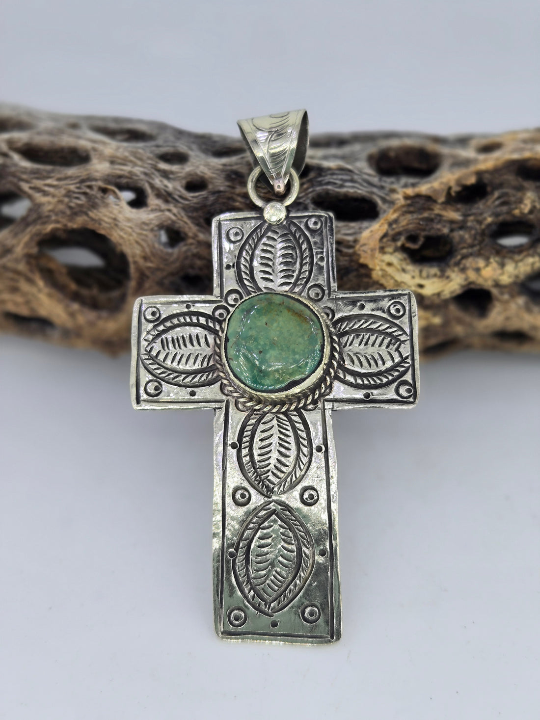 Stamped Cross Pendant with Turquoise, Western turquoise jewelry