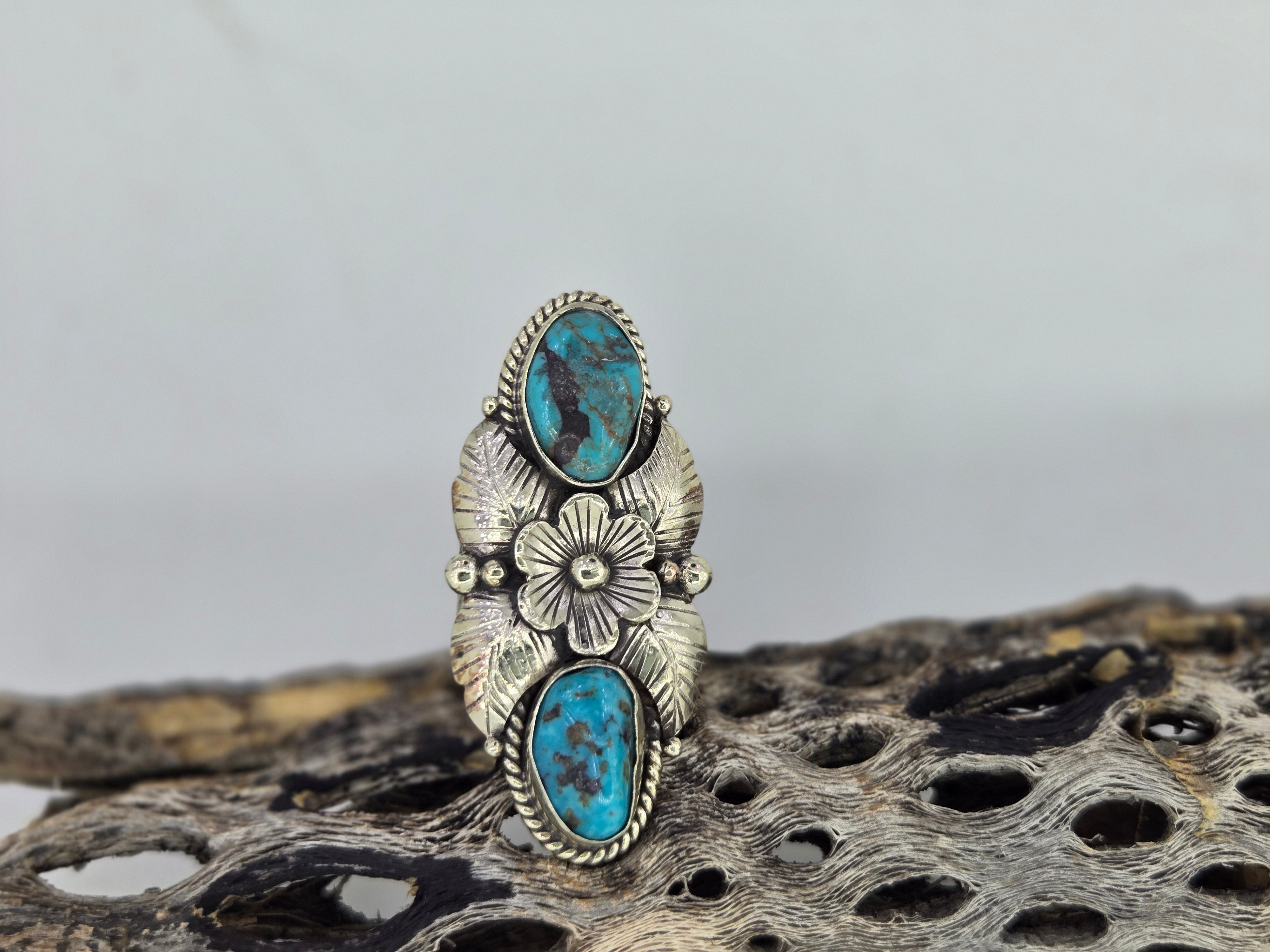 Turquoise Two Stone Flower Ring, view 2