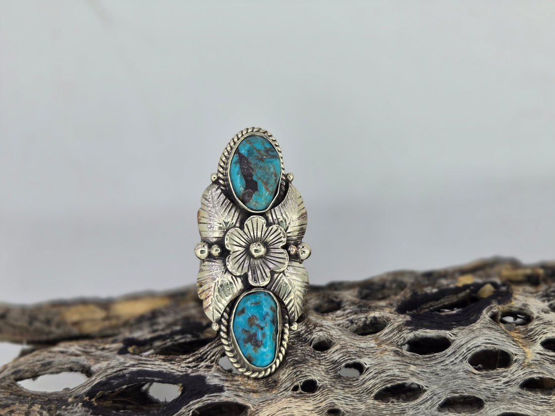 Turquoise Two Stone Flower Ring, view 2