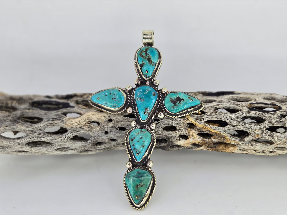 Blue Turquoise Teardrop Cross Pendant, Western turquoise jewelry