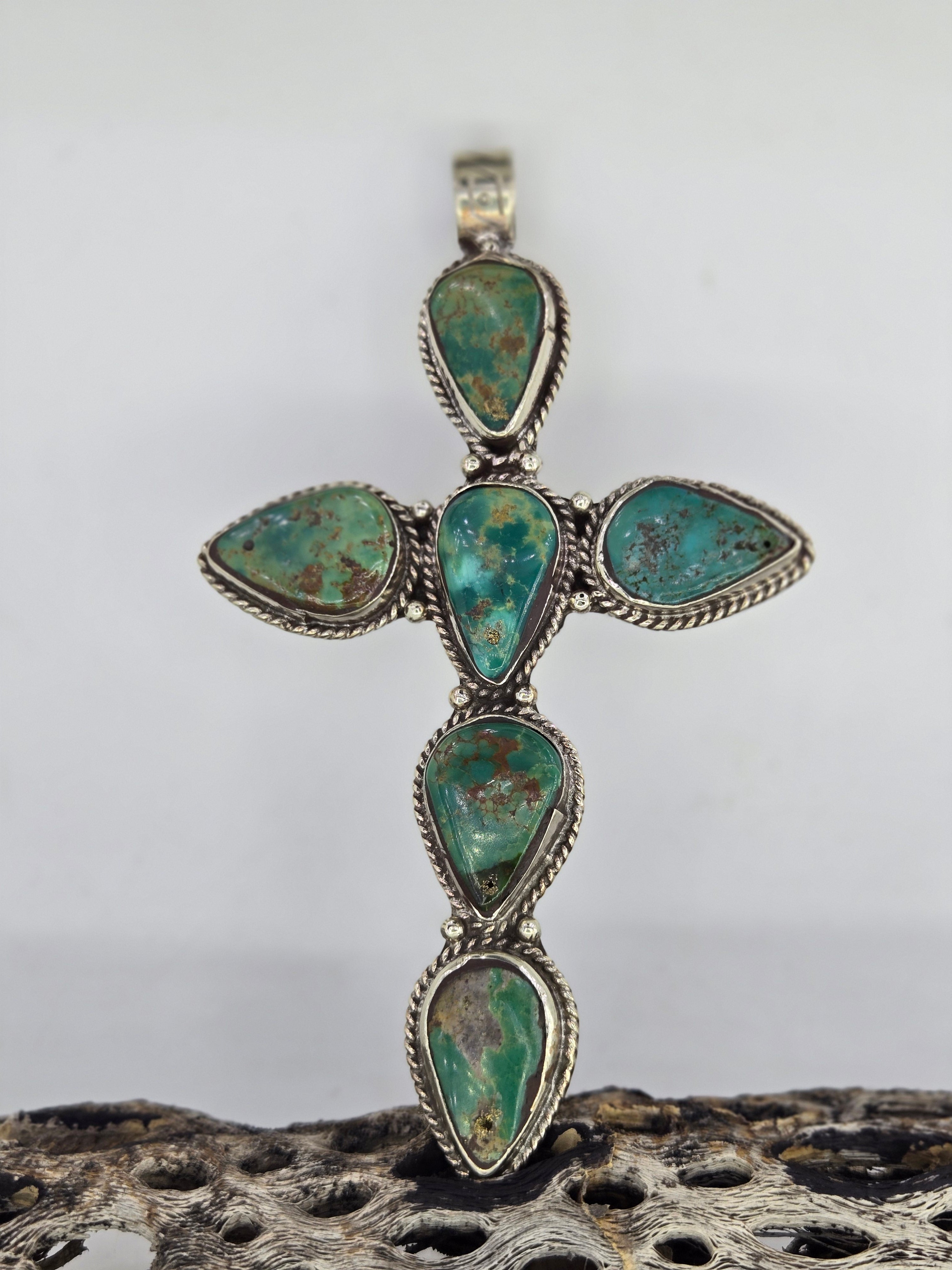 Green Turquoise Teardrop Cross Pendant, Western turquoise jewelry