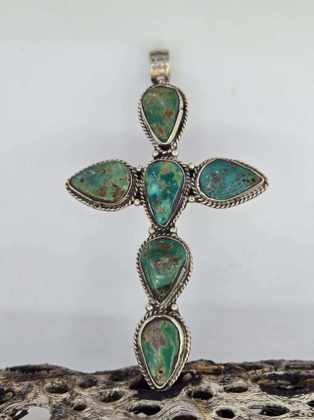 Green Turquoise Teardrop Cross Pendant, Western turquoise jewelry