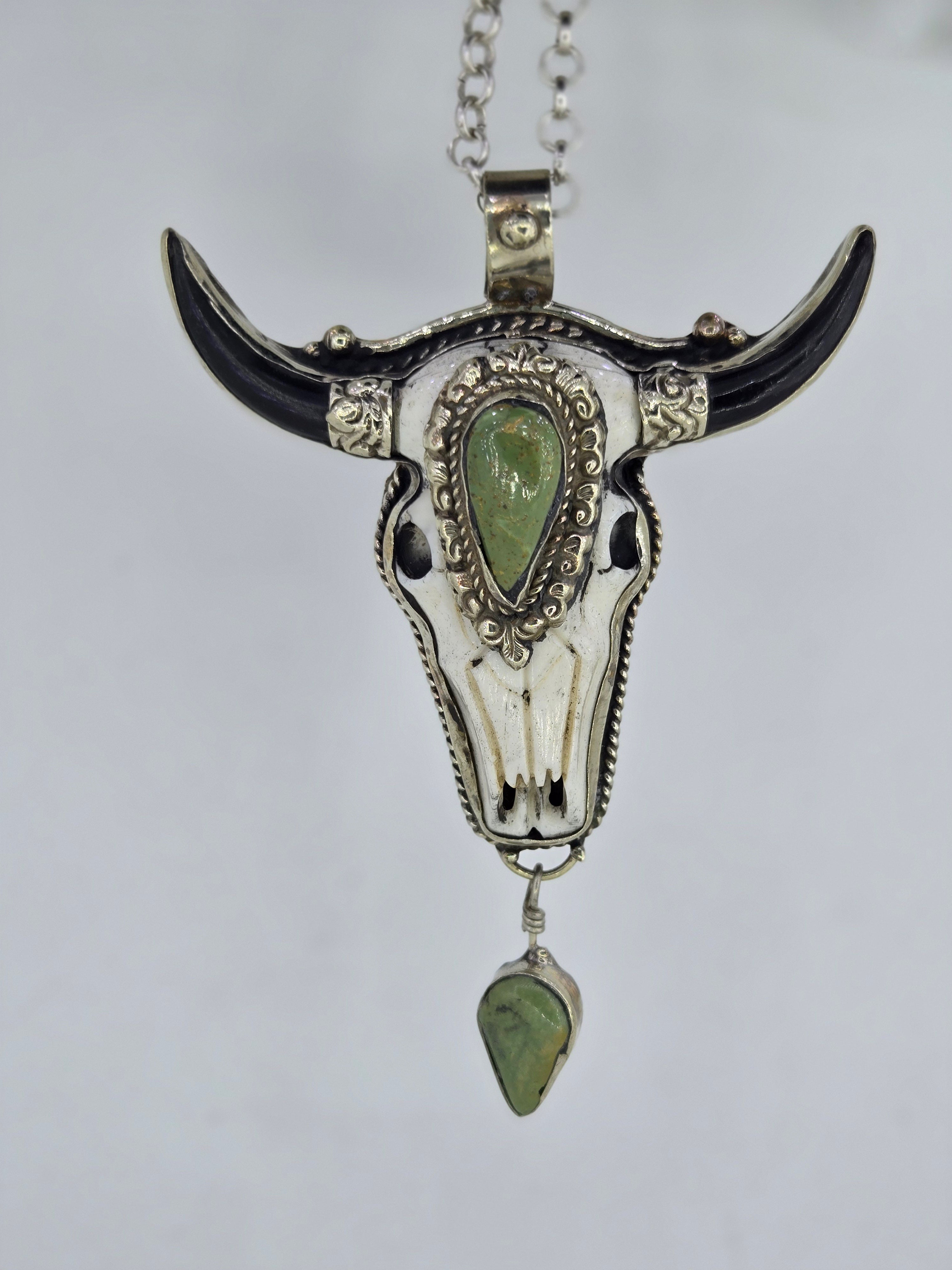 Turquoise Cow Skull Pendant with Dangle, Western turquoise jewelry