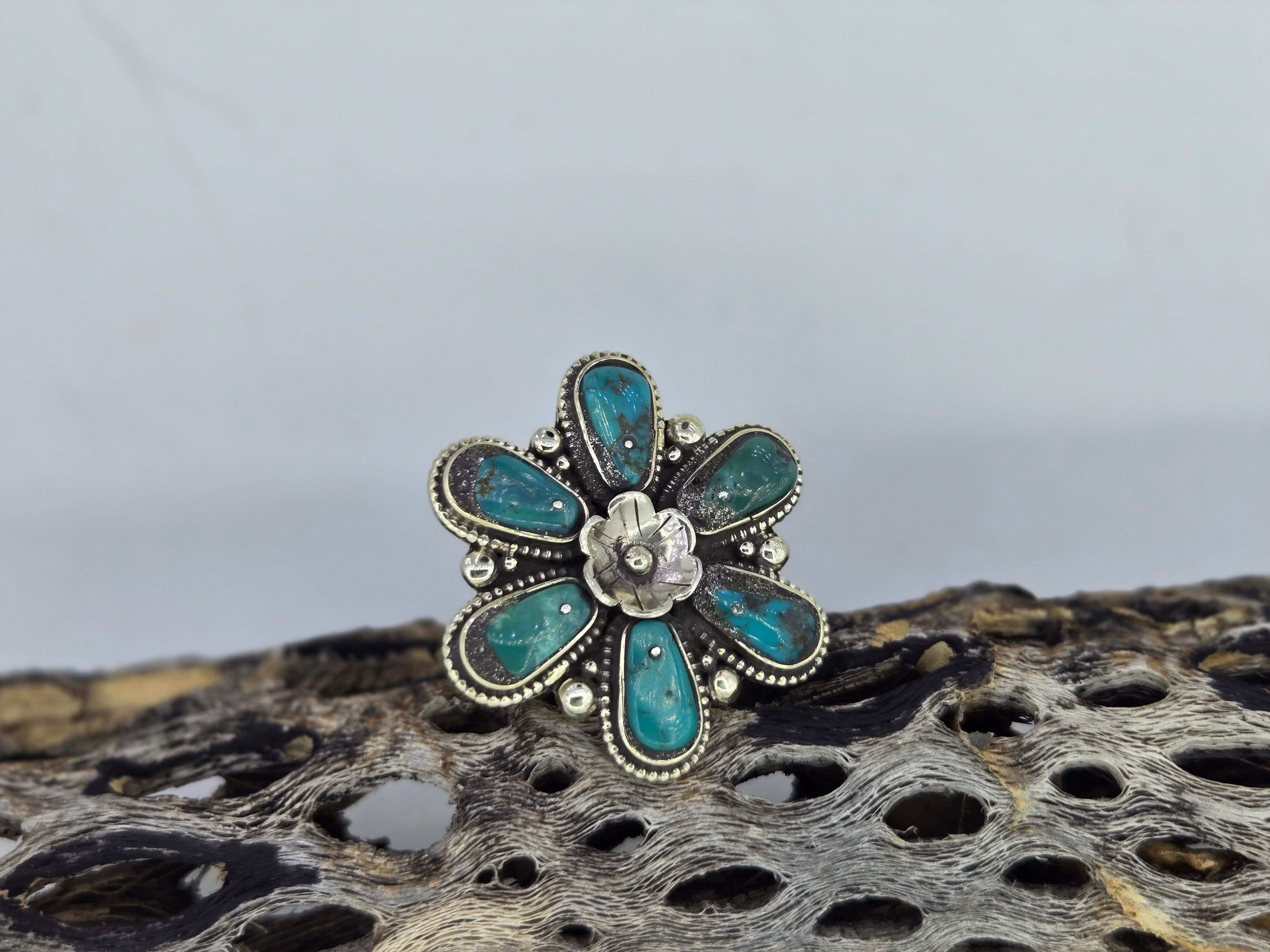 Turquoise Flower Petal Ring, Western turquoise jewelry