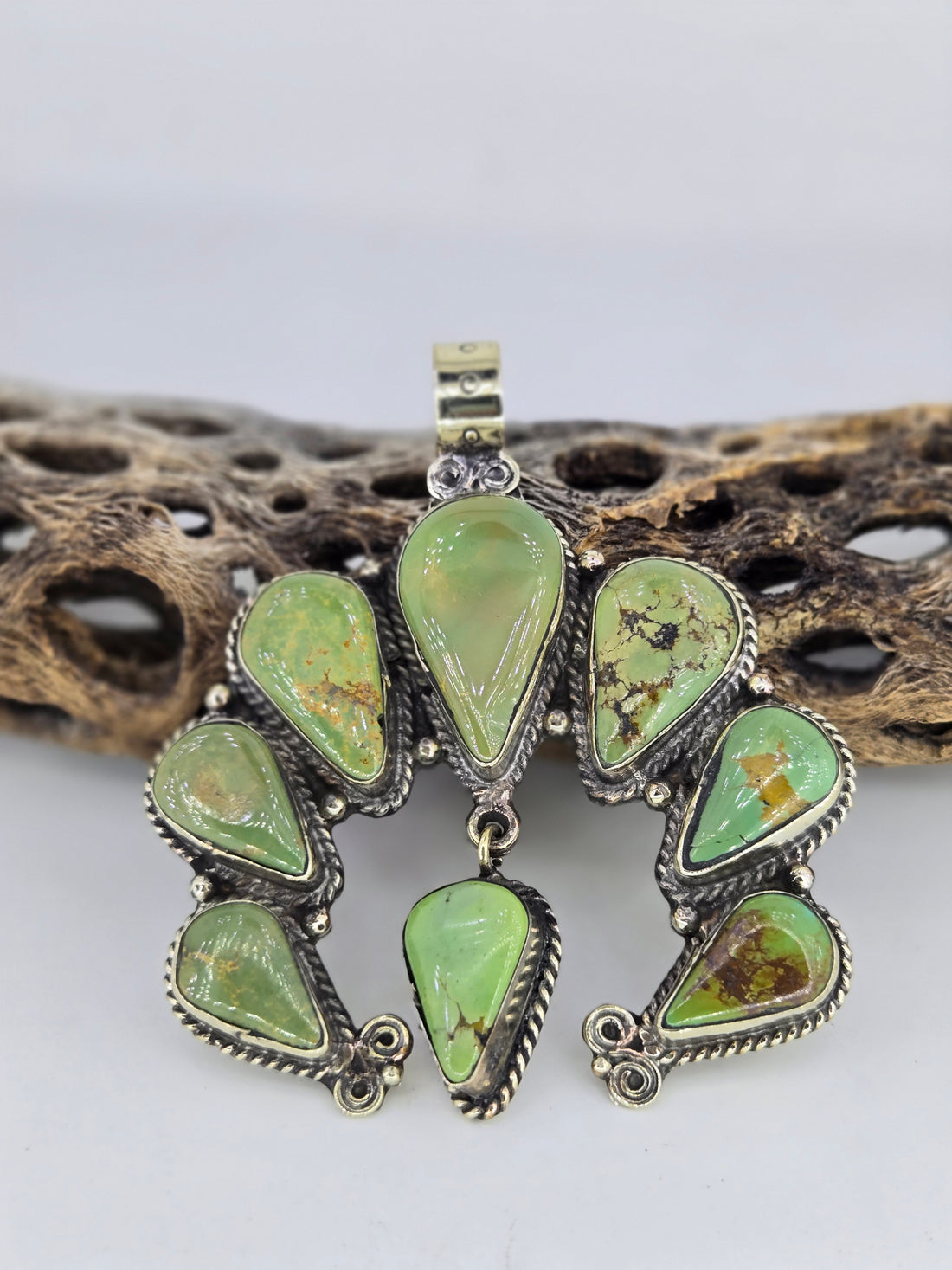 Green Turquoise Squash Blossom Naja Pendant, Western turquoise jewelry