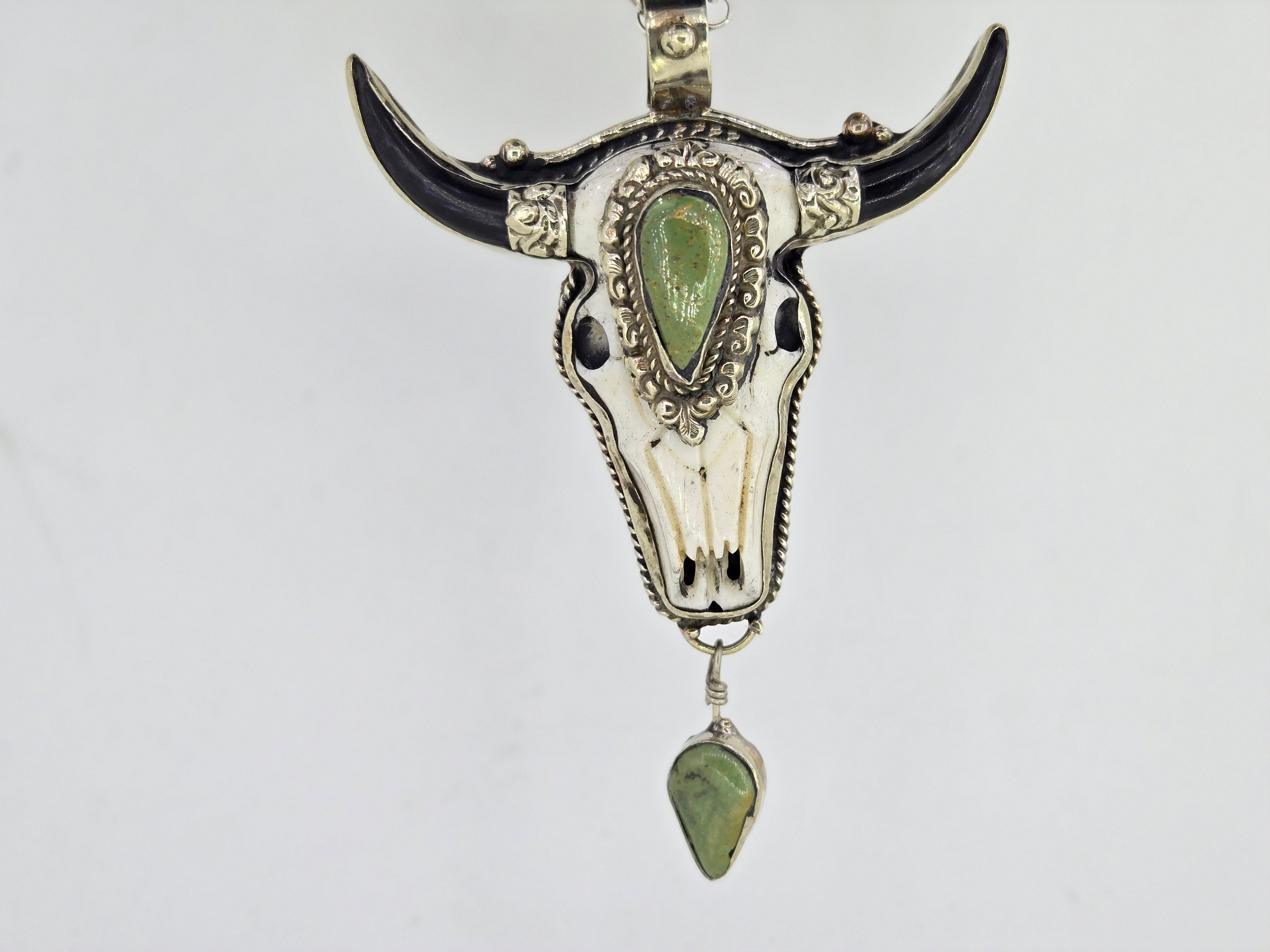 Turquoise Cow Skull Pendant with Dangle, view 2