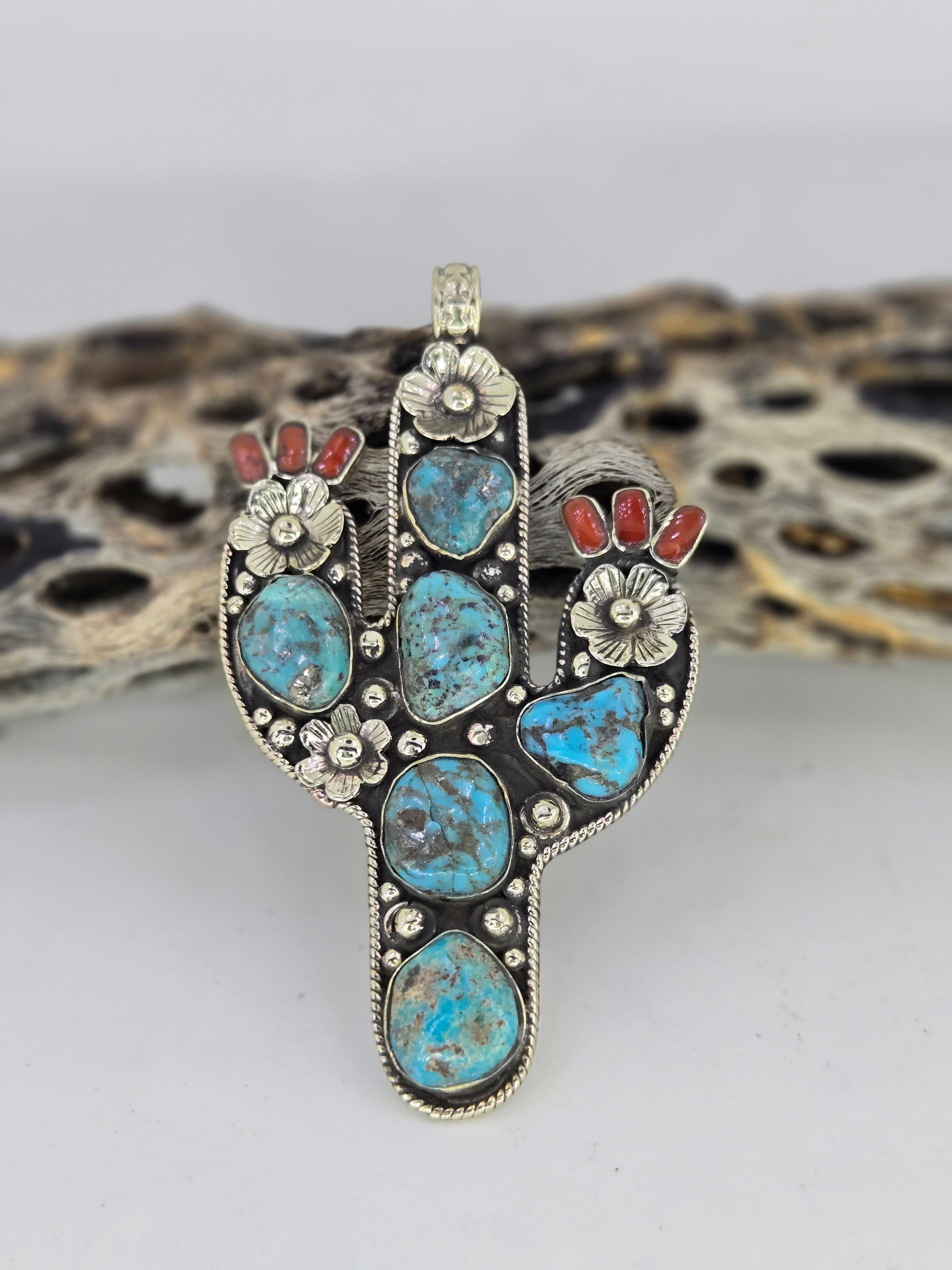 Turquoise Saguaro Cactus Pendant, view 2