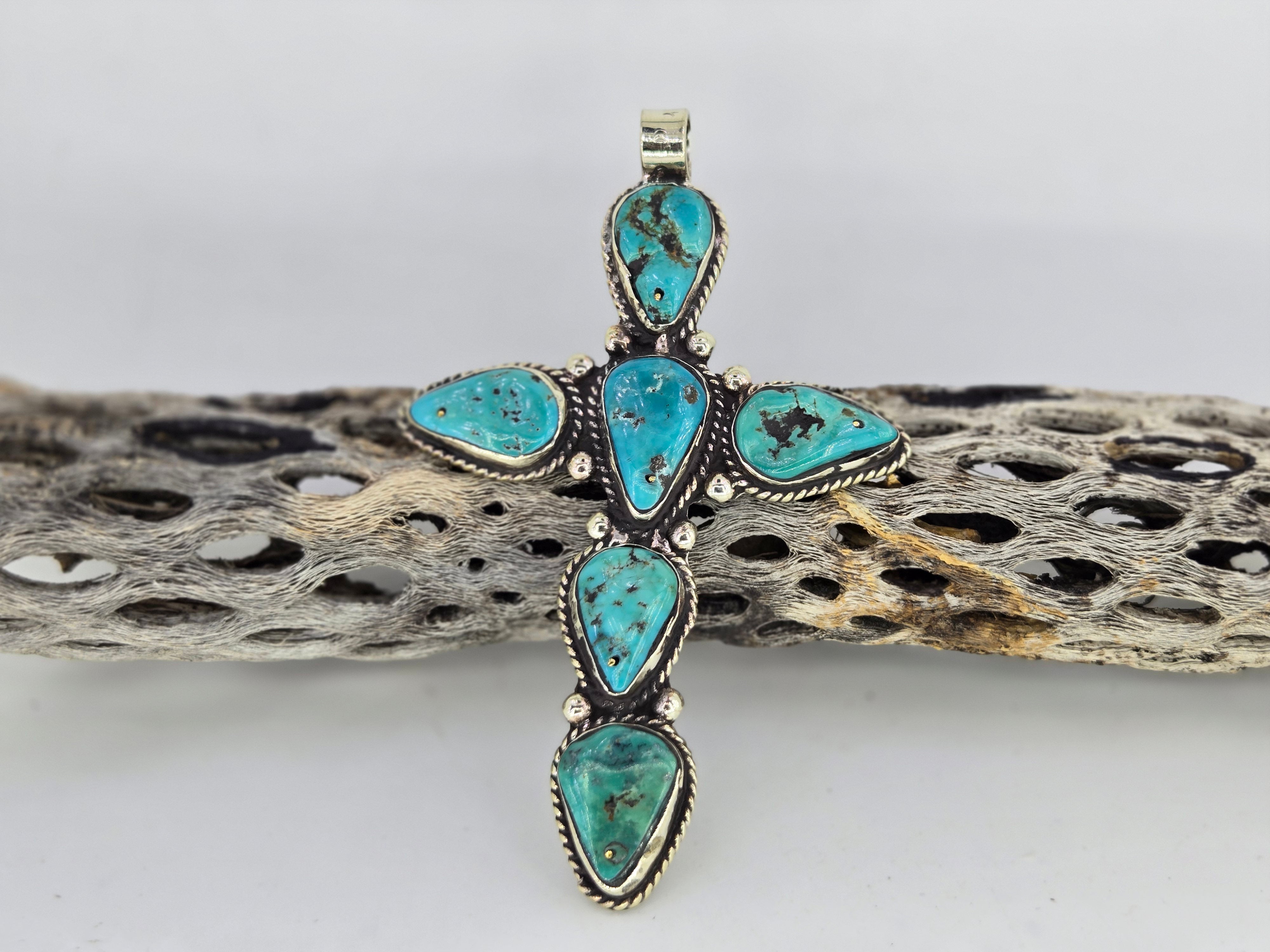 Blue Turquoise Teardrop Cross Pendant, view 4