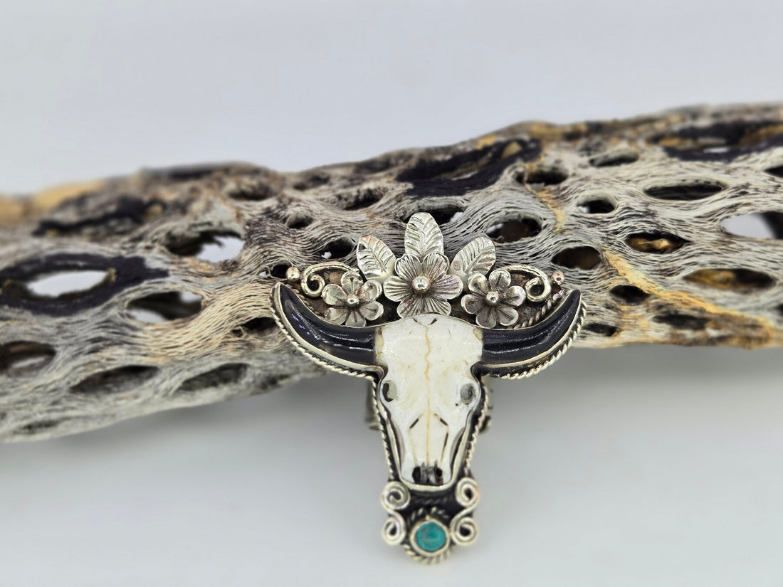 Flower Crown Cow Skull Ring, Western turquoise jewelry