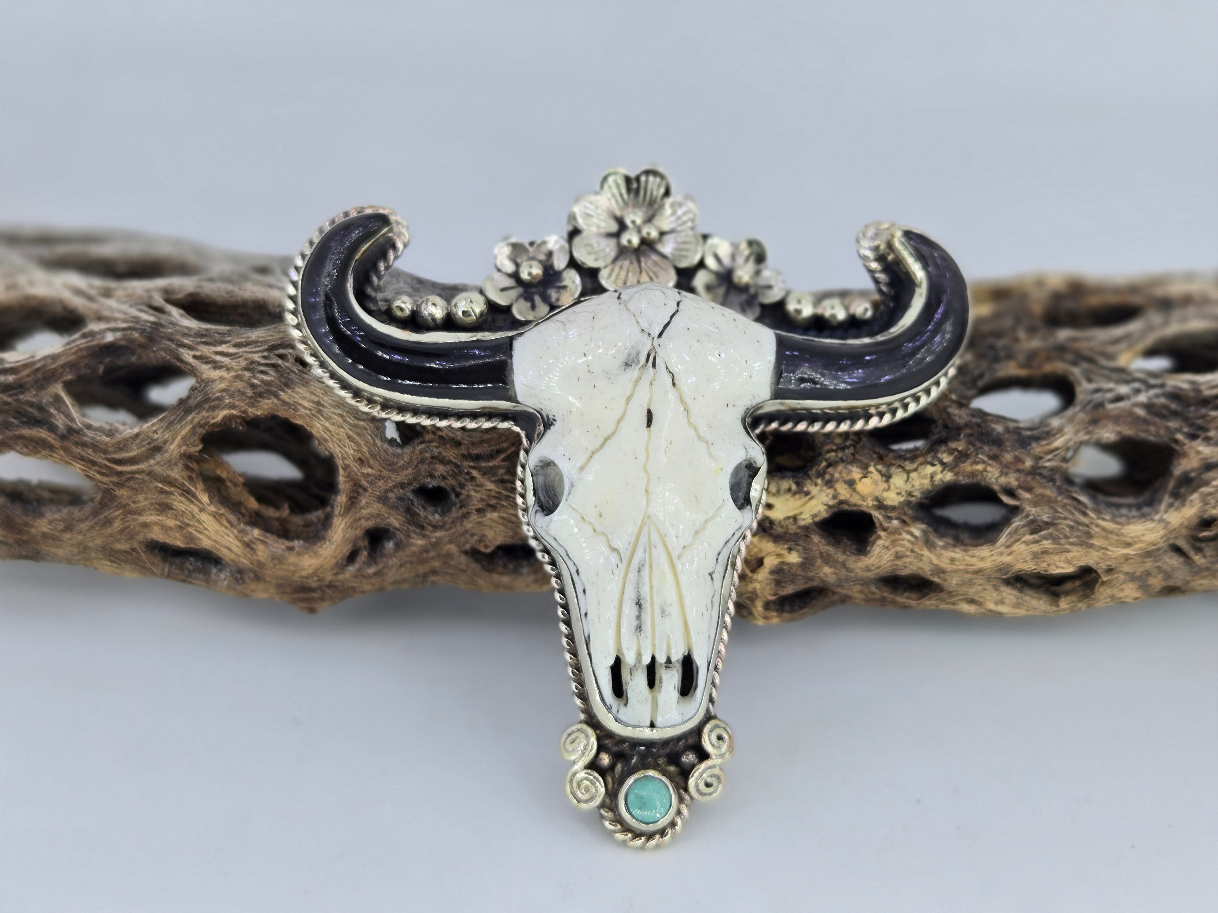 Large Flower Crown Cow Skull Pendant, Western turquoise jewelry