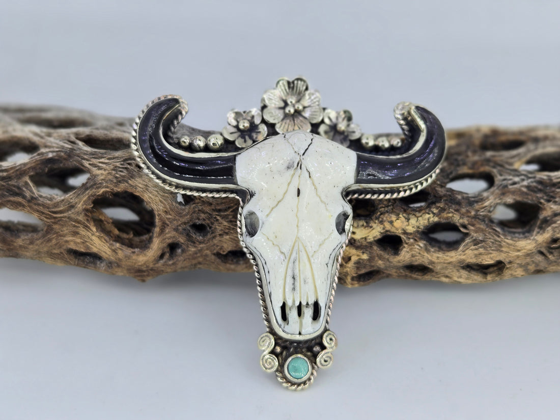 Large Flower Crown Cow Skull Pendant, Western turquoise jewelry