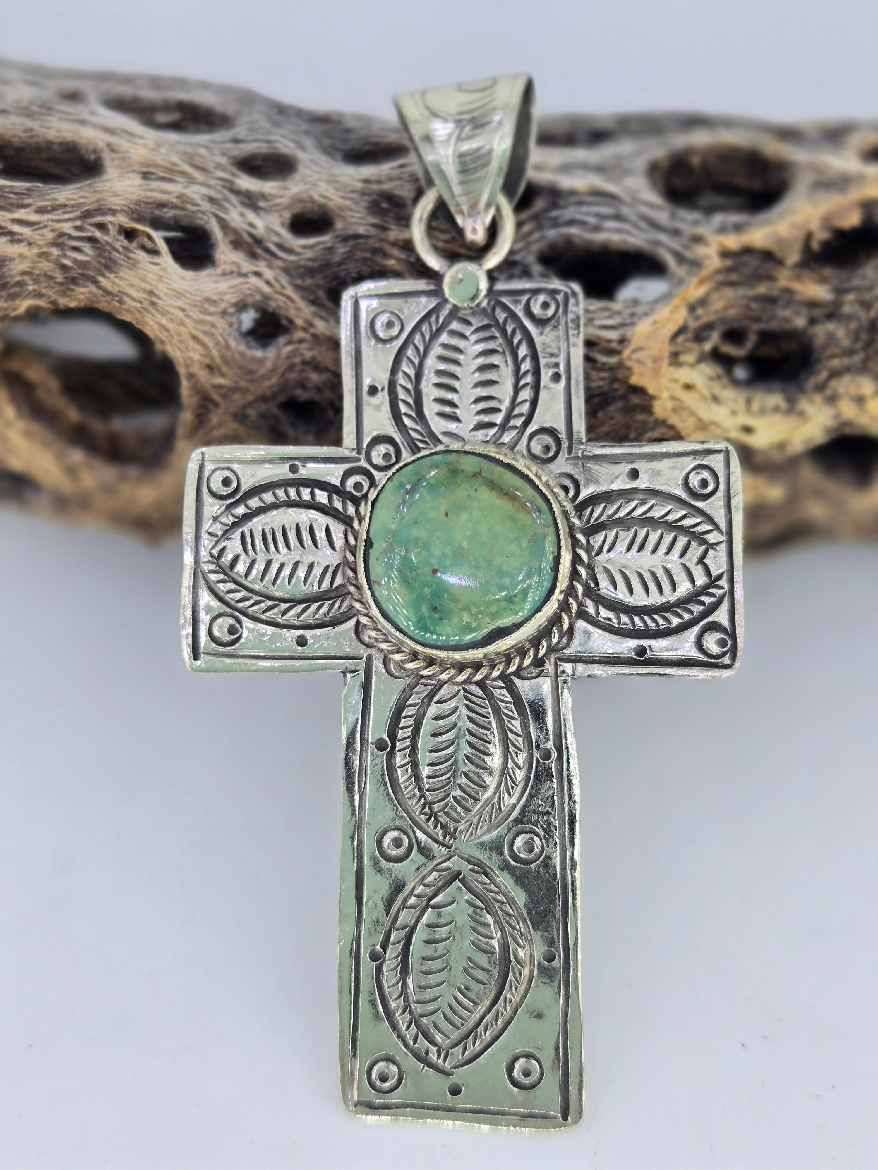 Stamped Cross Pendant with Turquoise, view 2