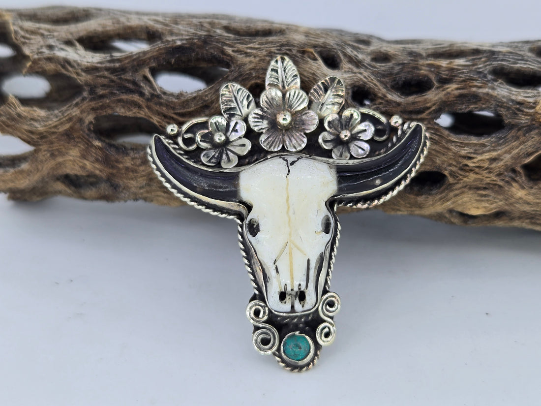 Small Flower Crown Cow Skull Pendant, Western turquoise jewelry