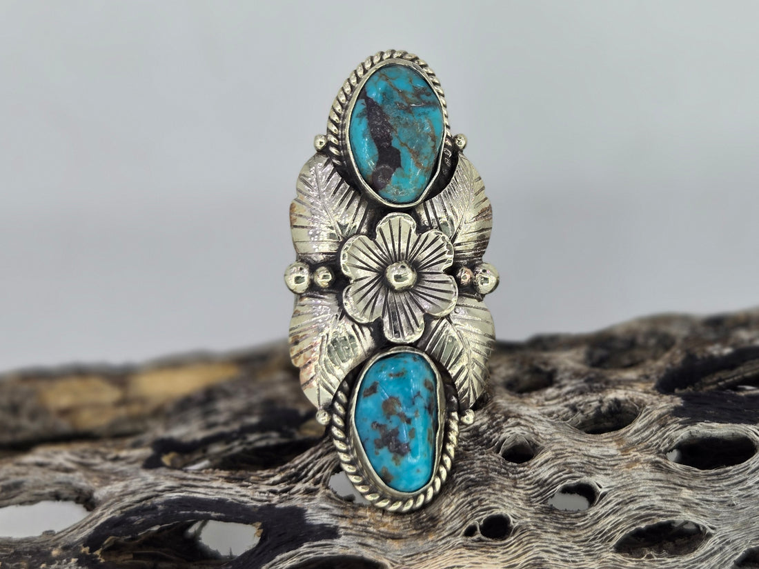 Turquoise Two Stone Flower Ring, Western turquoise jewelry
