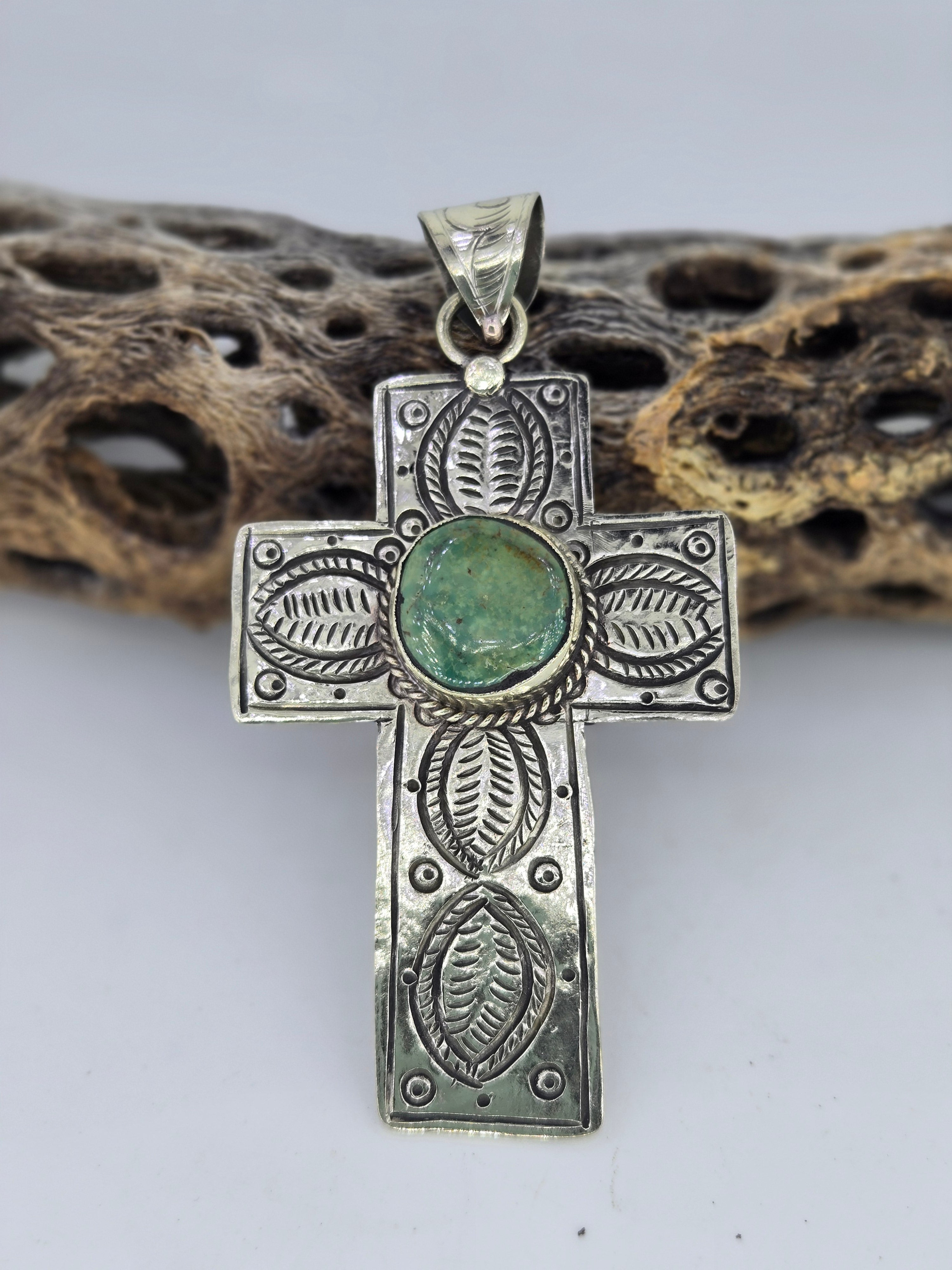Stamped Cross Pendant with Turquoise, view 3
