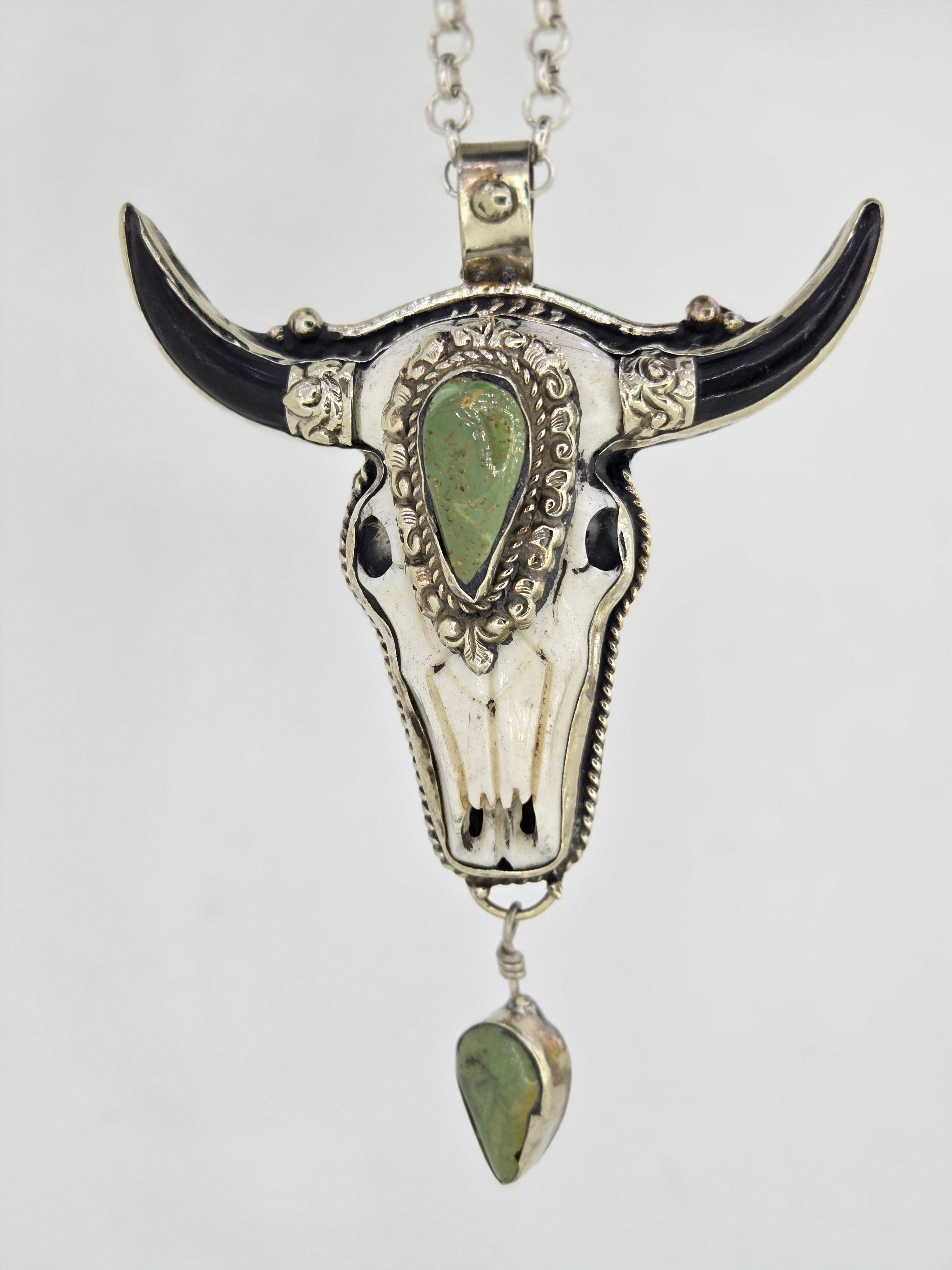 Turquoise Cow Skull Pendant with Dangle, view 4