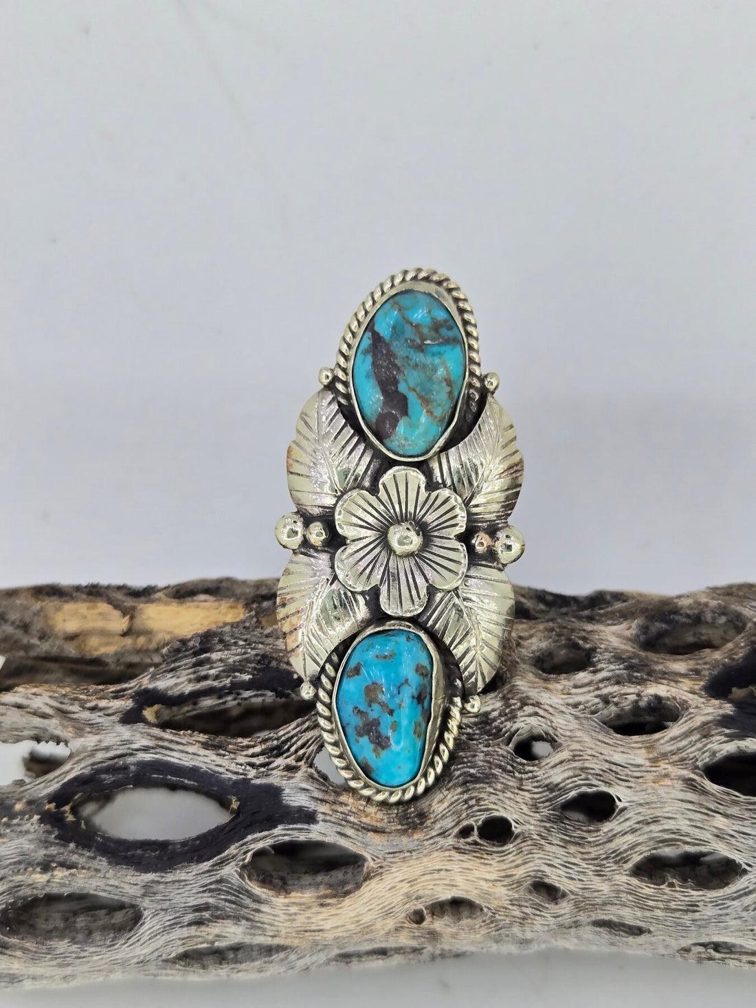 Turquoise Two Stone Flower Ring, view 3