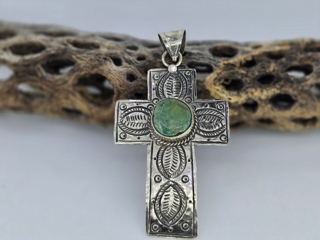 Stamped Cross Pendant with Turquoise, view 4