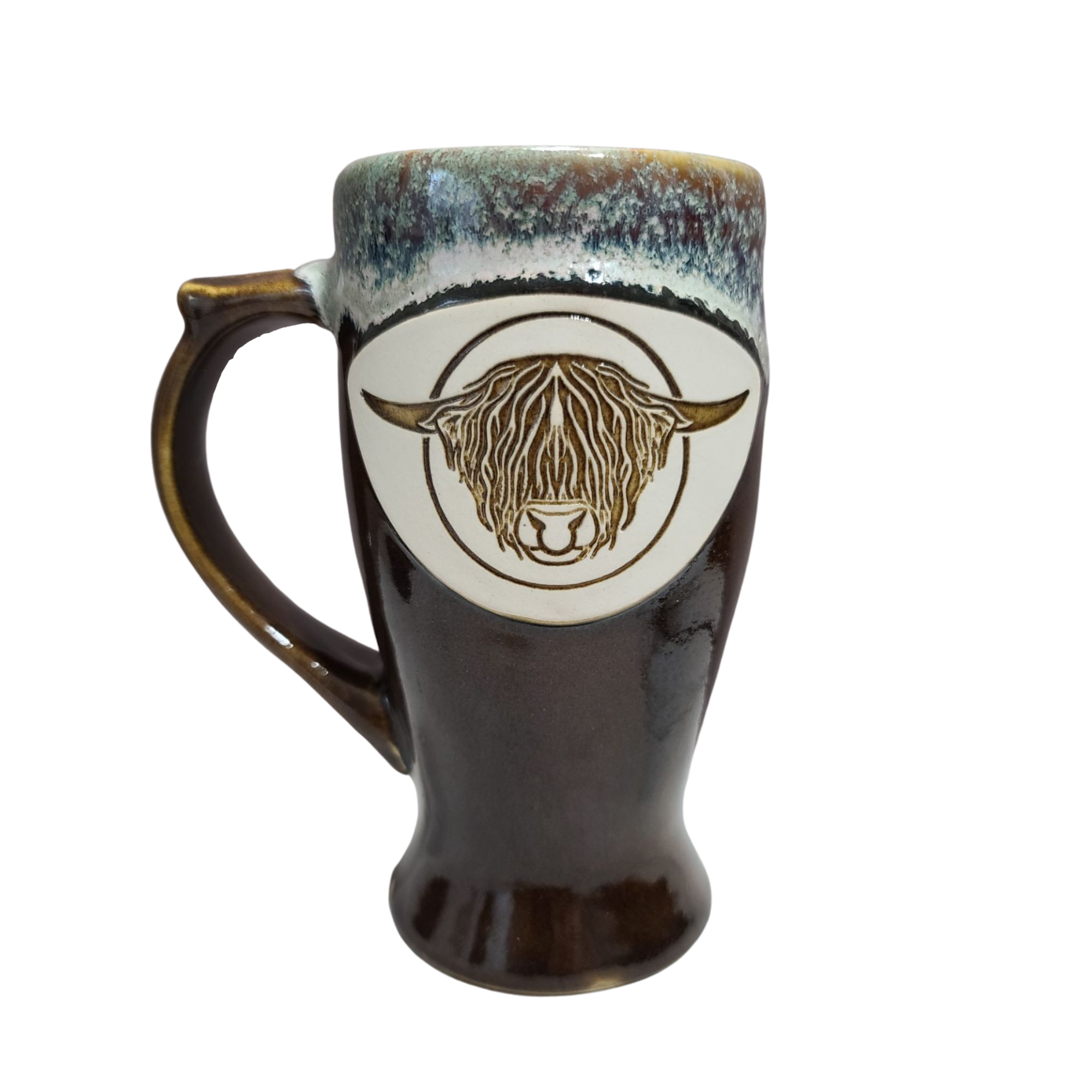 Tall handmade pottery mug with Highland bull head, alternate view
