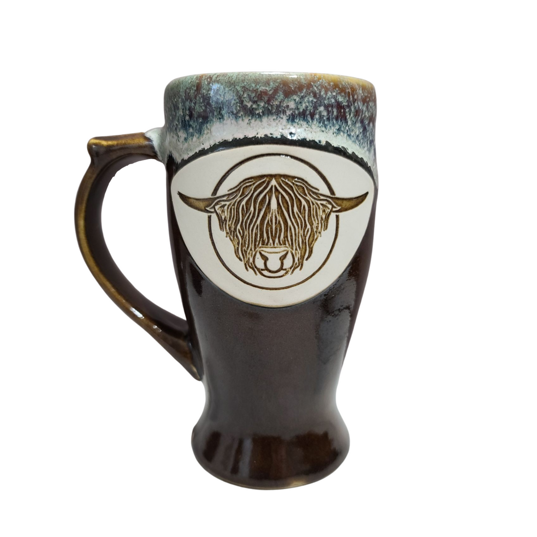 Tall handmade pottery mug with Highland bull head, alternate view