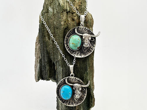Sterling Silver Scottish Highland Cow Necklace with Kingman Turquoise