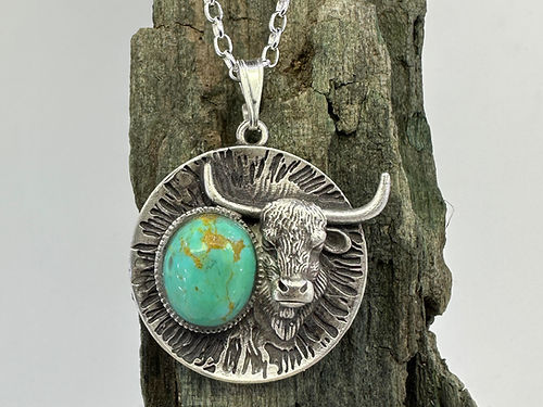 Sterling Silver Scottish Highland Cow Necklace with Kingman Turquoise