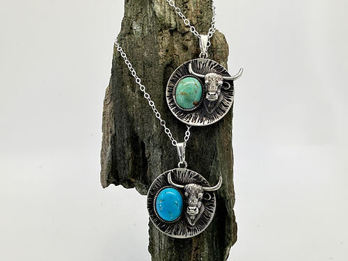 Sterling Silver Scottish Highland Cow Necklace with Kingman Turquoise