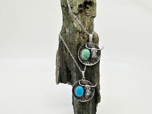 Sterling Silver Scottish Highland Cow Necklace with Kingman Turquoise