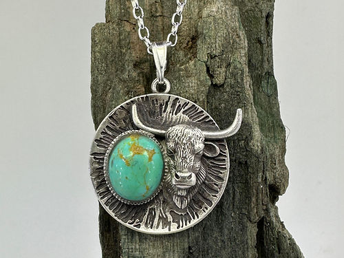 Sterling Silver Scottish Highland Cow Necklace with Kingman Turquoise