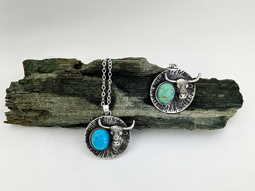Sterling Silver Scottish Highland Cow Necklace with Kingman Turquoise