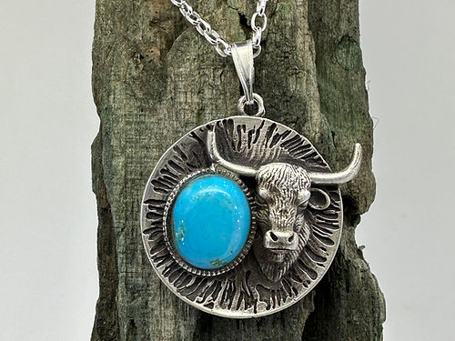 Sterling Silver Scottish Highland Cow Necklace with Kingman Turquoise